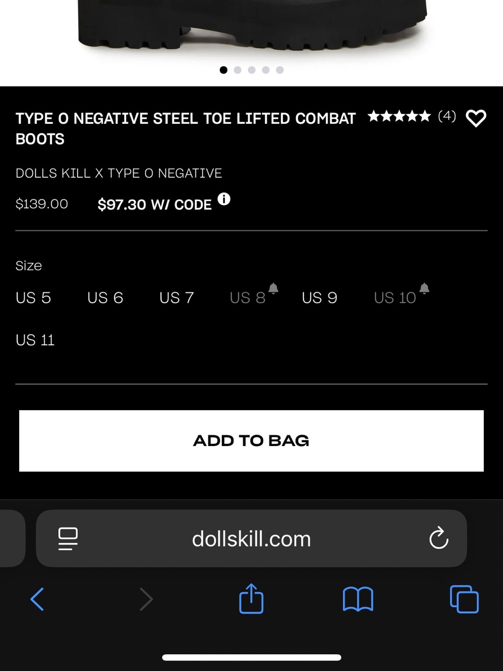 Dolls Kill Type O Negative Steel Toe Lifted Combat Boots - size 8